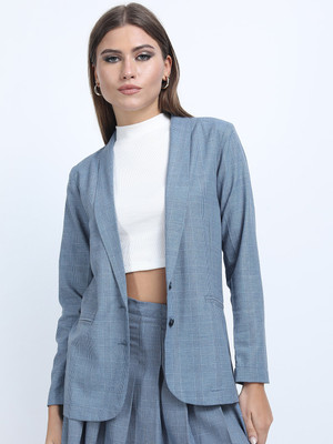 Tokyo Talkies Checkered Single Breasted Party Women Blazer(Blue)