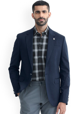 Rare Rabbit Solid Single Breasted Casual Men Blazer(Dark Blue)