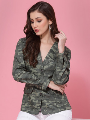 KASSUALLY Printed Single Breasted Casual Women Blazer(Green)