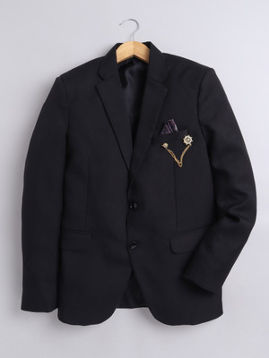 Fourfolds Solid Single Breasted Festive & Wedding Men Blazer(Black)