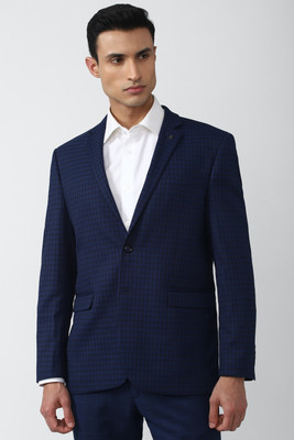 VAN HEUSEN Checkered Single Breasted Formal Men Blazer(Dark Blue)