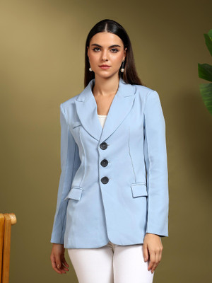 KOTTY Solid Mandarin Casual Women Blazer(Blue)