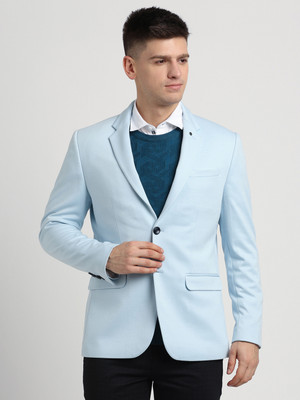 TURTLE Solid Single Breasted Casual Men Blazer(Light Blue)
