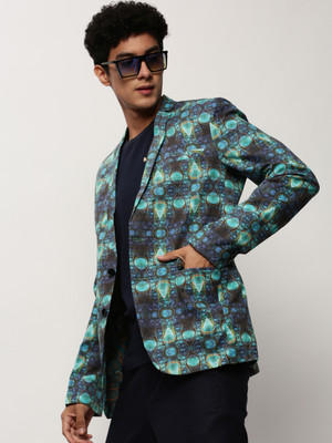 SHOWOFFFF Printed Single Breasted Casual Men Blazer(Light Blue)