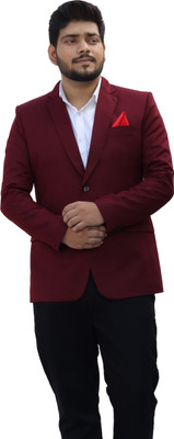 ALJAAMI Solid Single Breasted Casual Men Blazer(Maroon)