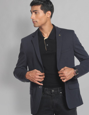 AD by Arvind Solid Single Breasted Formal Men Blazer(Dark Blue)