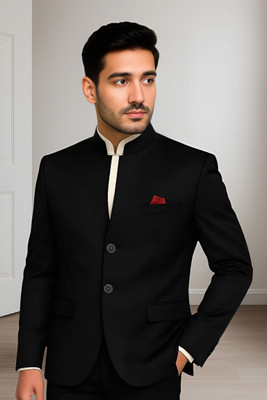 RaeenMensWear Solid Bandhgala Casual, Festive, Festive & Wedding, Party, Wedding Men Blazer(Black)