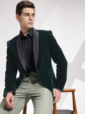 INVICTUS Solid Tuxedo Style Formal Men Blazer(Green)