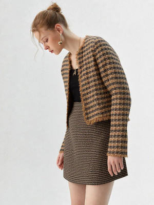 Lyketrends Self Design Bandhgala Casual Women Blazer(Brown)