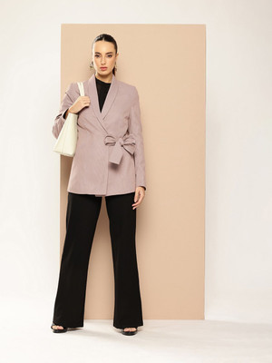 her by invictus Self Design Single Breasted Casual Women Blazer(Orange)