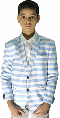 TTRFashion Striped Single Breasted Festive & Wedding Boys Blazer(Light Blue)