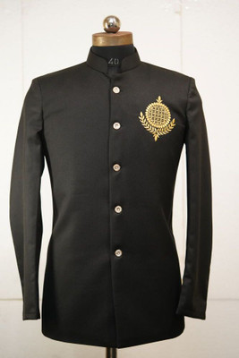 parth Self Design Double Breasted Festive & Wedding Men Blazer(Black)