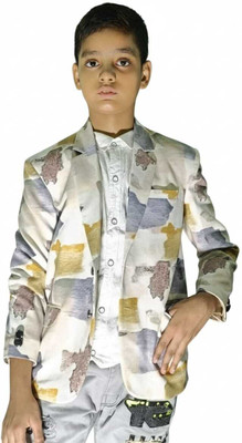 TTRFashion Floral Print Single Breasted Festive & Wedding, Casual, Party Boys Blazer(White)