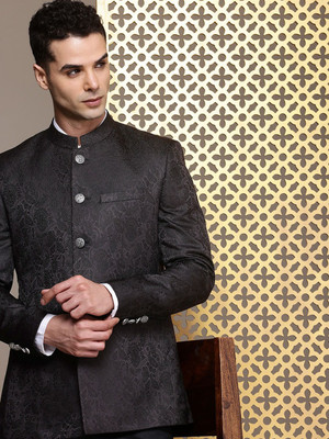 House of Pataudi Self Design Bandhgala Party Men Blazer(Black)