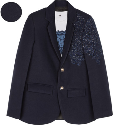 Charchit Embellished Single Breasted Party Boys Blazer(Dark Blue)