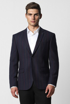 VAN HEUSEN Striped Single Breasted Formal Men Blazer(Dark Blue)