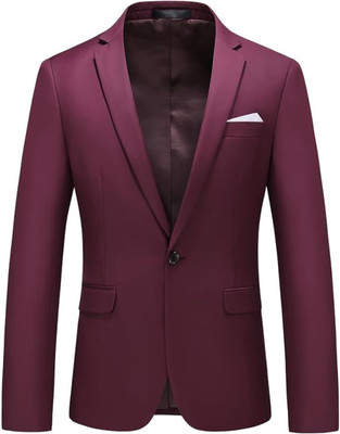 FIVEFEB Solid Single Breasted Formal Men Blazer(Maroon)