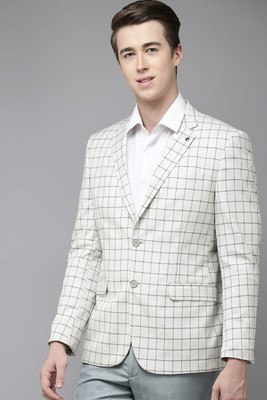 VAN HEUSEN Checkered Single Breasted Formal Men Blazer(White)