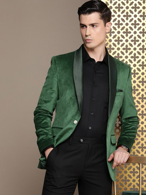 House of Pataudi Striped Single Breasted Party Men Blazer(Green)
