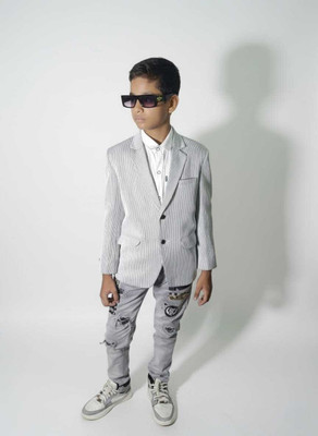 TTRFashion Striped Single Breasted Festive & Wedding Boys Blazer(Grey)