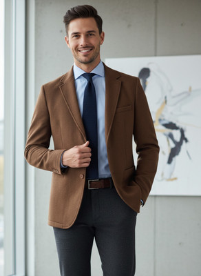 Cjc Solid Single Breasted Casual Men Blazer(Brown)