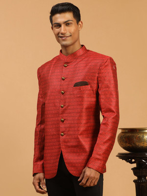 VASTRAMAY Woven Single Breasted Festive Men Blazer(Maroon)