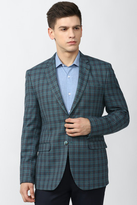 VAN HEUSEN Checkered Single Breasted Formal Men Blazer(Light Blue)