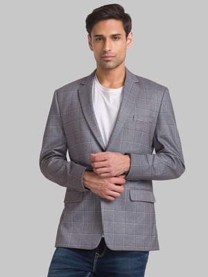 PARK AVENUE Checkered Double Breasted Formal Men Blazer(Grey)