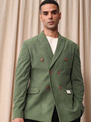 Mr Bowerbird Solid Double Breasted Festive & Wedding Men Blazer(Green)