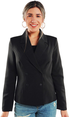 London Rag Solid Double Breasted Casual Women Blazer(Black)