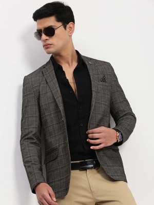 SHOWOFFFF Checkered Single Breasted Casual Men Blazer(Grey)