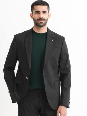 Rare Rabbit Solid Single Breasted Casual Men Blazer(Black)
