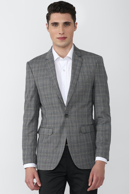 PETER ENGLAND Checkered Single Breasted Formal Men Blazer(Grey)