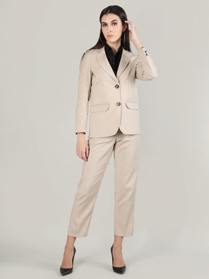 CHKOKKO Solid Single Breasted Casual Women Blazer(Beige)