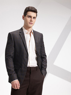 INVICTUS Solid Double Breasted Formal Men Blazer(Brown)
