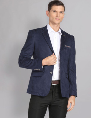 AD by Arvind Solid Single Breasted Formal Men Blazer(Blue)