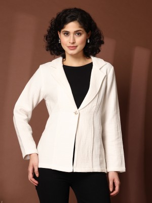 PLUSS Solid Single Breasted Casual Women Blazer(White)