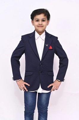 Qitty Solid Single Breasted Festive & Wedding Boys Blazer(Blue)