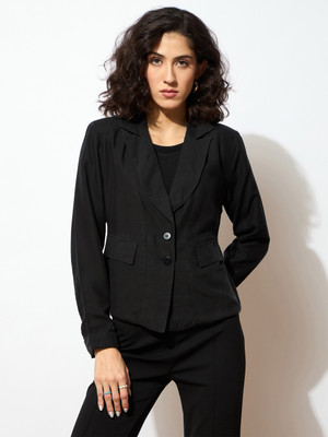 SASSAFRAS Solid Single Breasted Casual Women Blazer(Black)