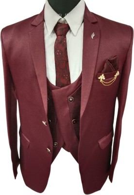 Gyatri Solid Double Breasted Party Men Blazer(Maroon)