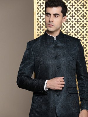 House of Pataudi Self Design Bandhgala Festive Men Blazer(Green)