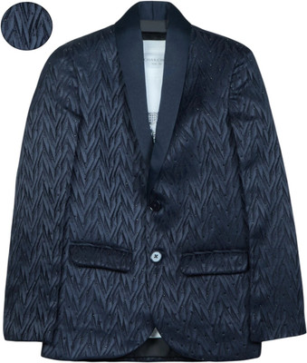 Charchit Self Design Single Breasted Party Boys Blazer(Dark Blue)