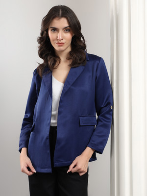 KOTTY Solid Mandarin Casual Women Blazer(Blue)