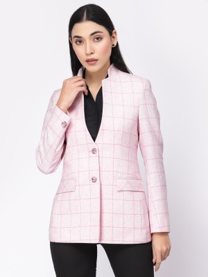 Klotthe Checkered Mandarin Formal Women Blazer(Pink)