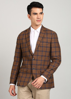 PARK AVENUE Checkered Single Breasted Formal Men Blazer(Brown)