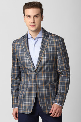 PETER ENGLAND Checkered Single Breasted Formal Men Blazer(Blue)