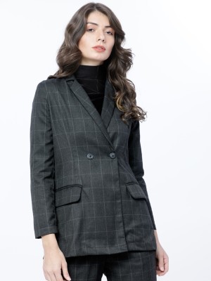 Tokyo Talkies Checkered Double Breasted Party Women Blazer(Black)