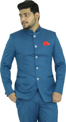 ALJAAMI Solid Bandhgala Wedding Men Blazer(Blue)