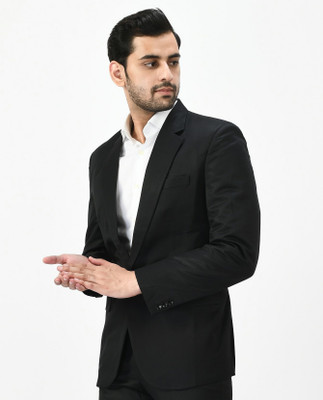 FIVEFEB Solid Single Breasted Formal Men Blazer(Black)