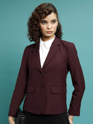 Tokyo Talkies Solid Single Breasted Casual Women Blazer(Maroon)